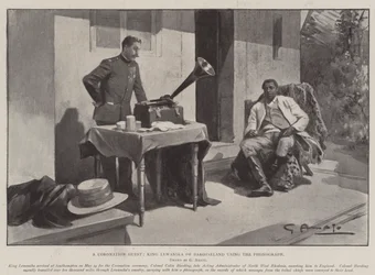 Un Invité de Couronnement, le Roi Lewanika de Barotseland utilisant le Phonographe